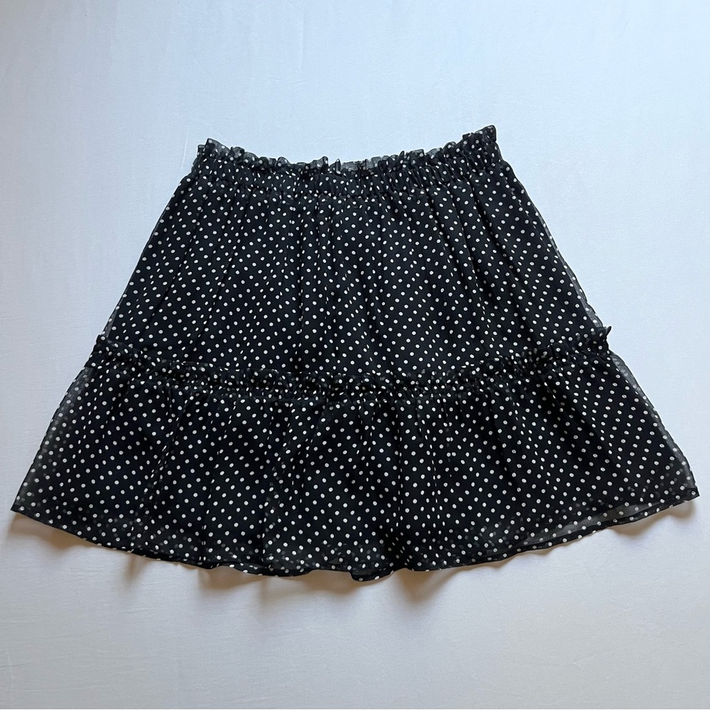 SEZANE black and white dot sheer silk tiered ruffle elastic waist mini skirt